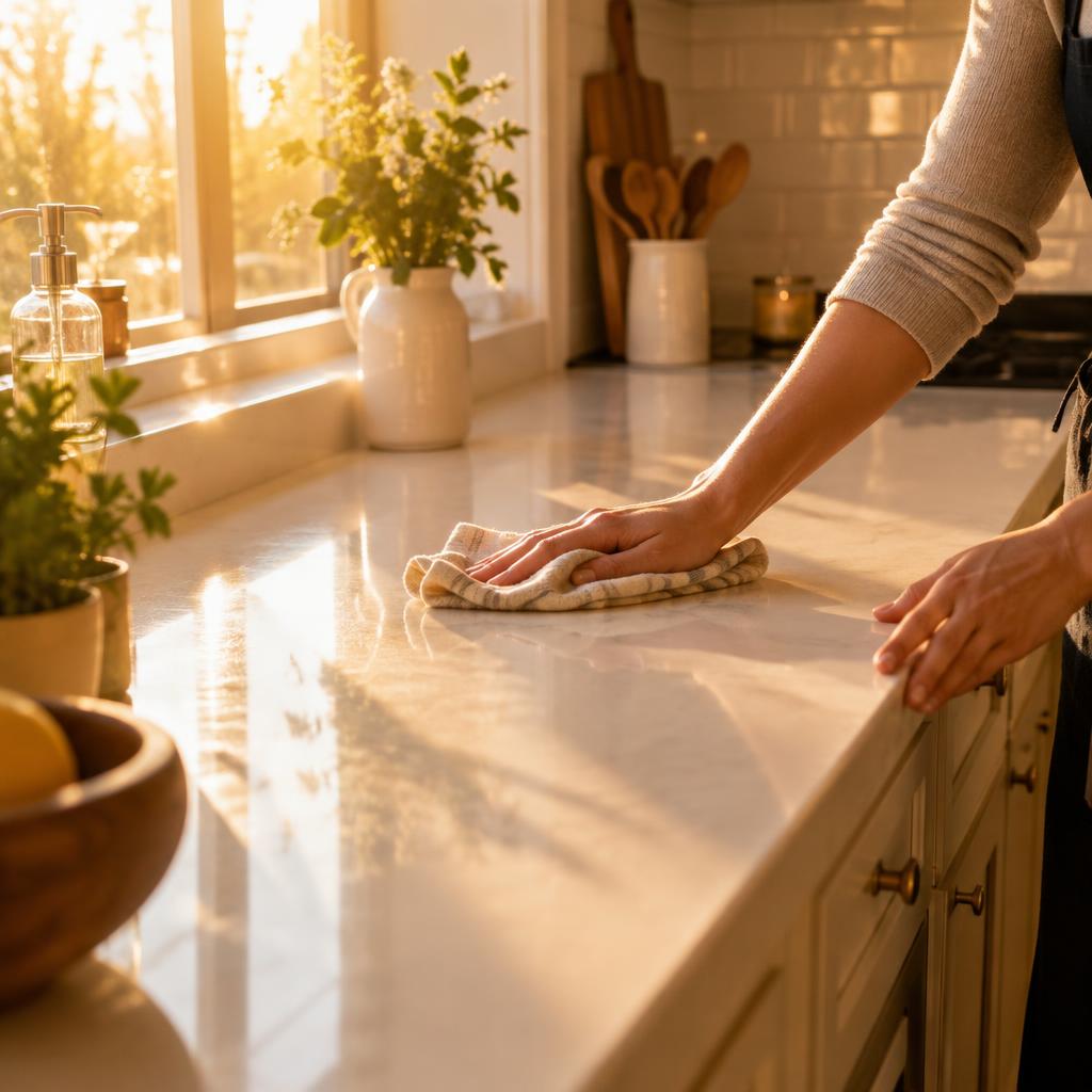 Wiping a cream kitchen countertop clean in warm sunlight