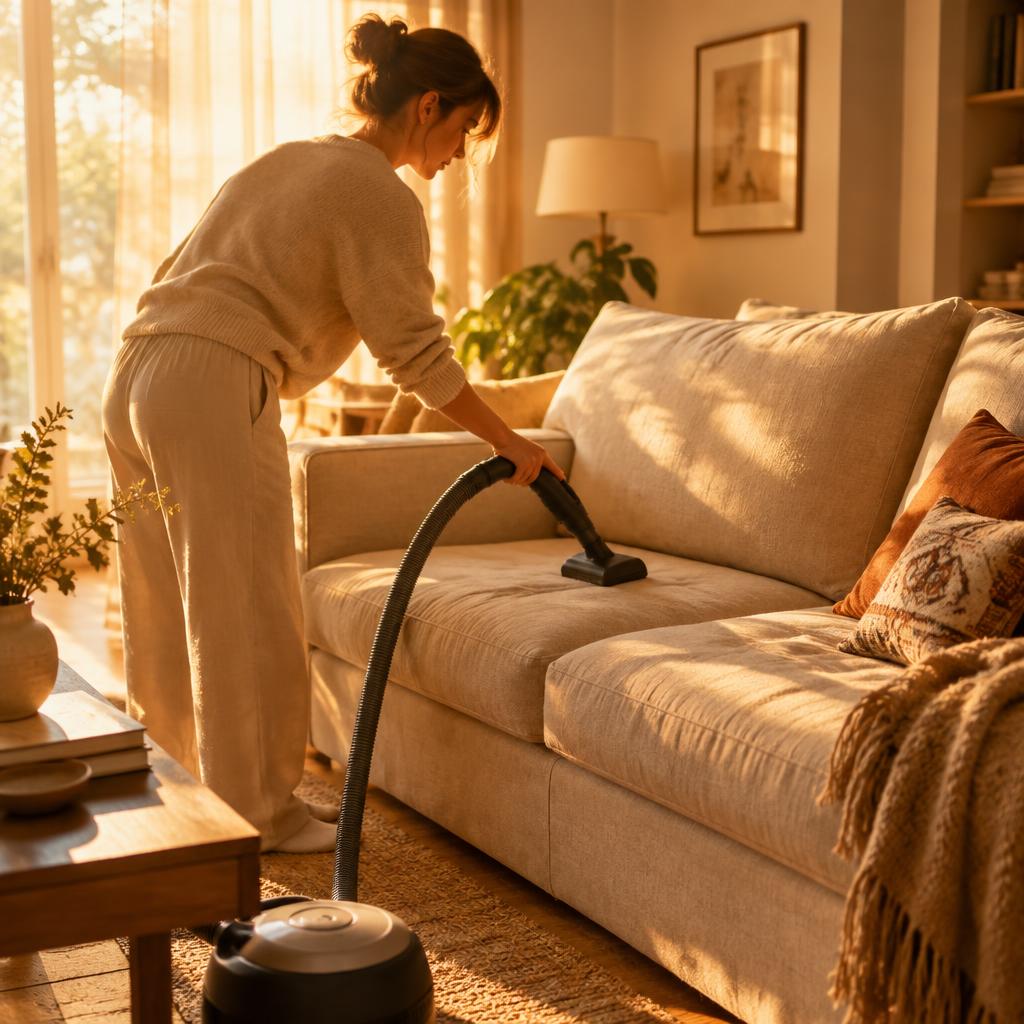 Vacuuming a linen sofa in a sunlit living room