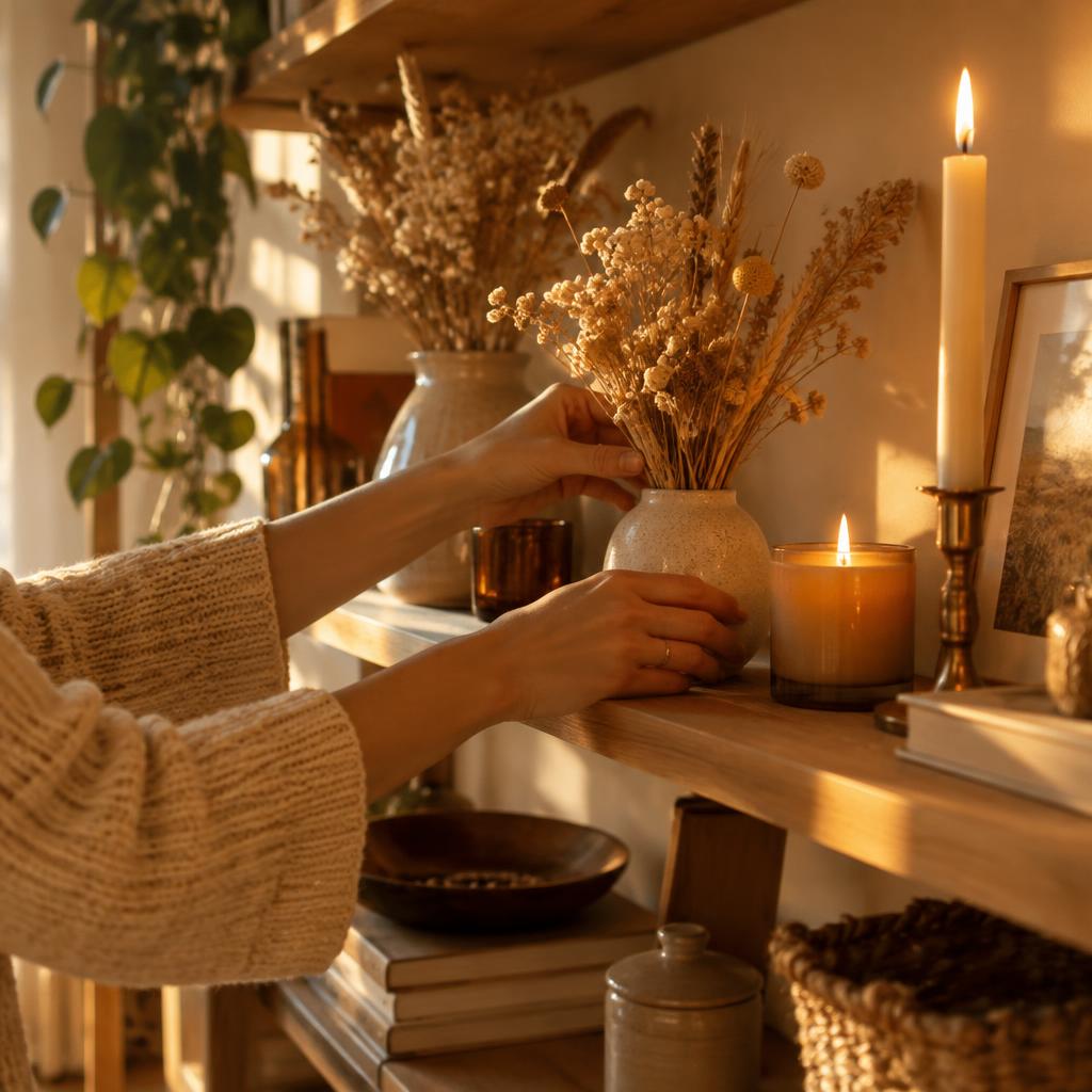 Arranging dried flowers and candles on a styled shelf