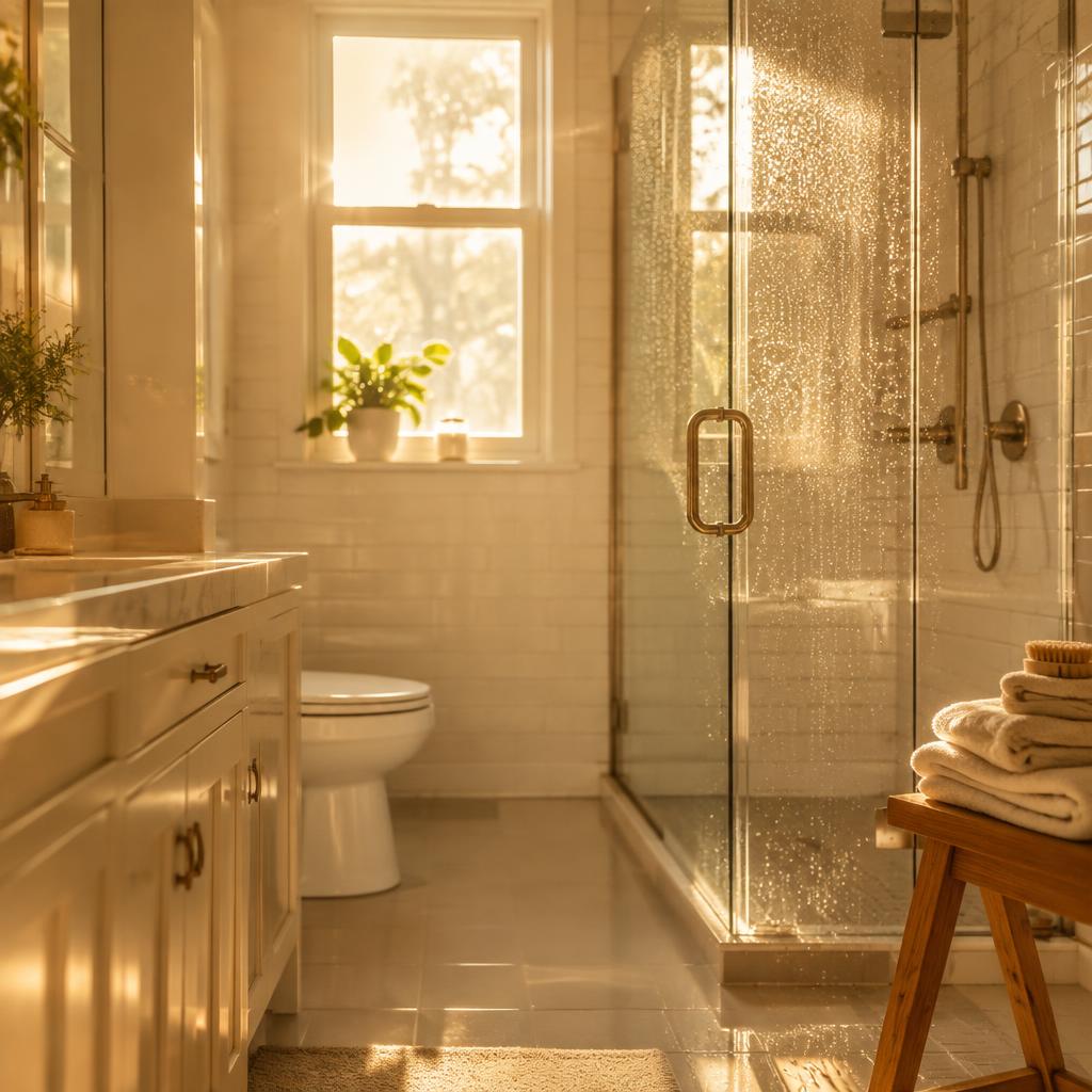 Sparkling clean bathroom with folded towels and golden light